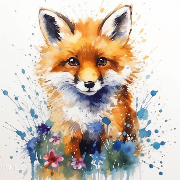 painting of a fox with a flowery background generative ai