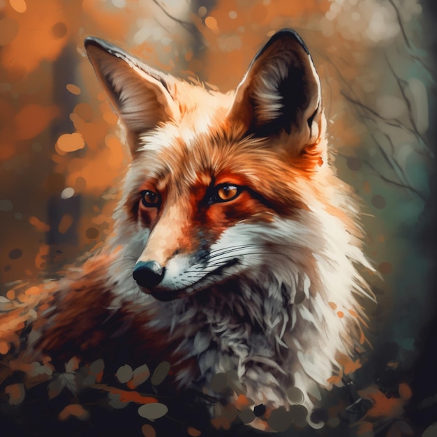 A painting of a fox with orange eyes and brown fur.