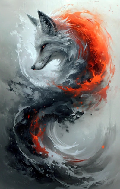 painting of a fox with a red tail and a black tail generative ai