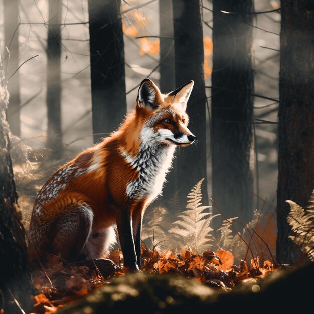 A painting of a fox in the woods with the sun shining on it.