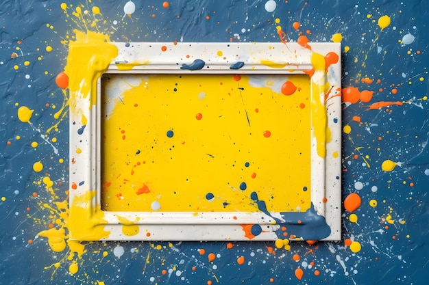 A painting frame with paint splatters on it