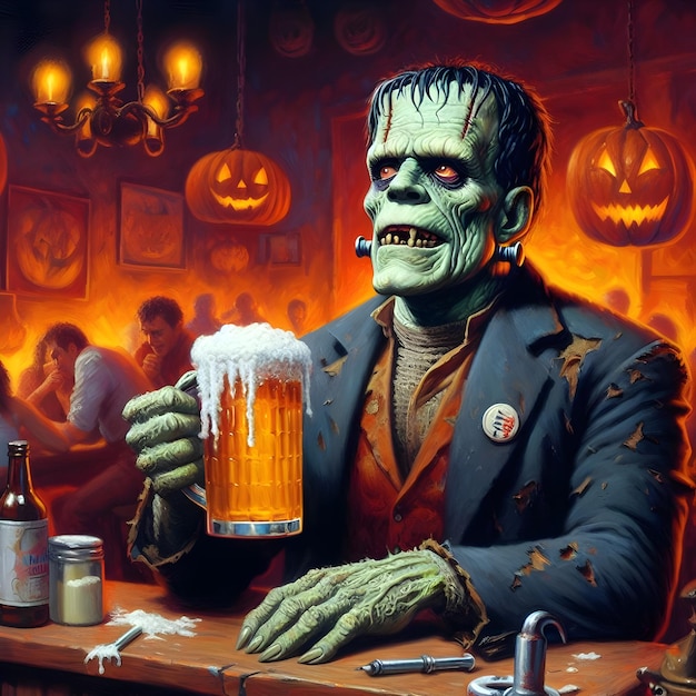 술집에서 맥주를 마시는 프랑켄슈틴의 그림
