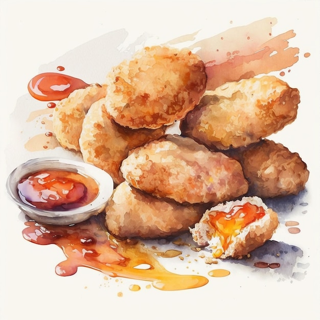 A painting of fried chicken nuggets with a small bowl of sauce  in watercolor paint ilustration