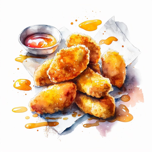 A painting of fried chicken nuggets with a small bowl of sauce  in watercolor paint ilustration