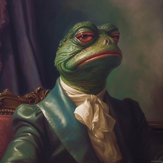 painting of a frog dressed in a suit and tie sitting in a chair generative ai