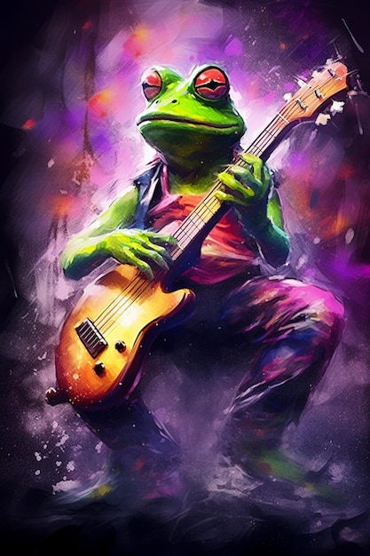 Painting of a frog playing a guitar in a dark room generative ai