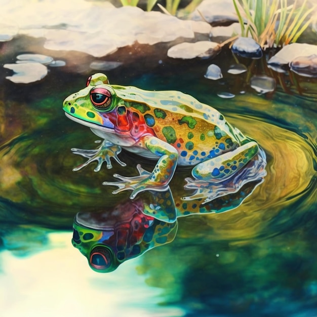 A painting of a frog in a pond