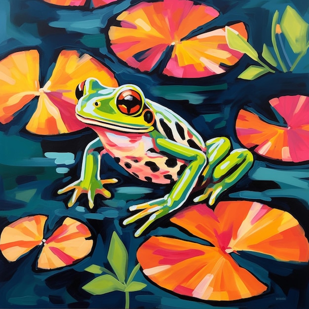 painting of a frog sitting on a leaf in a pond of water generative ai