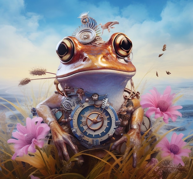 Photo painting of a frog with a clock and a seahorse on its back generative ai