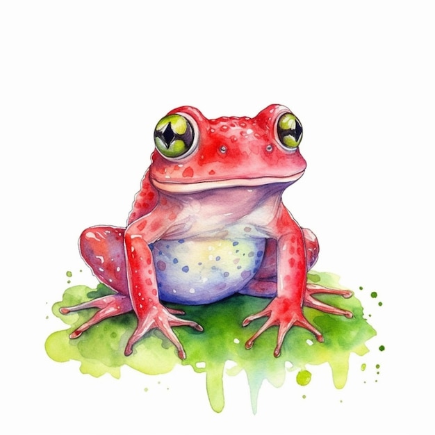 painting of a frog with green eyes sitting on a leaf generative ai