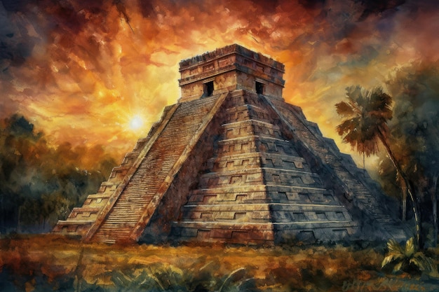 Painting from a drawing of CHICHEN ITZA in Mexico at sunset
