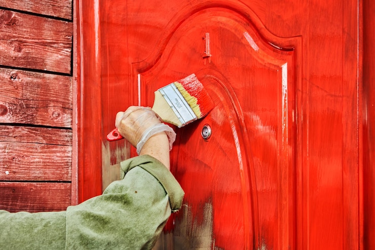 Photo painting front door red for wooden country house in suburbs