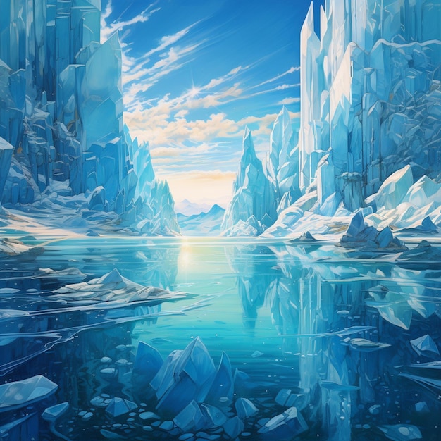 Photo painting of a frozen lake with icebergs and a sun generative ai