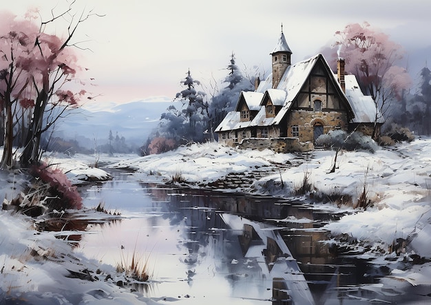 Photo painting of a frozen winter landscape