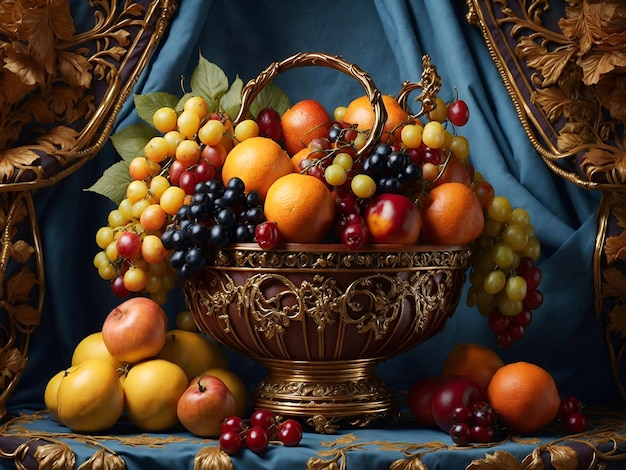 a painting of fruit in a basket on a table