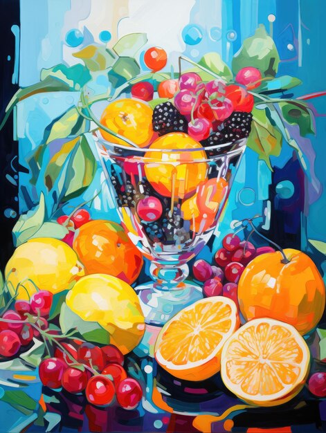 a painting of fruit and berries in a glass.