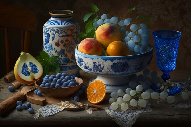 A painting of fruit and a bowl of blueberries.