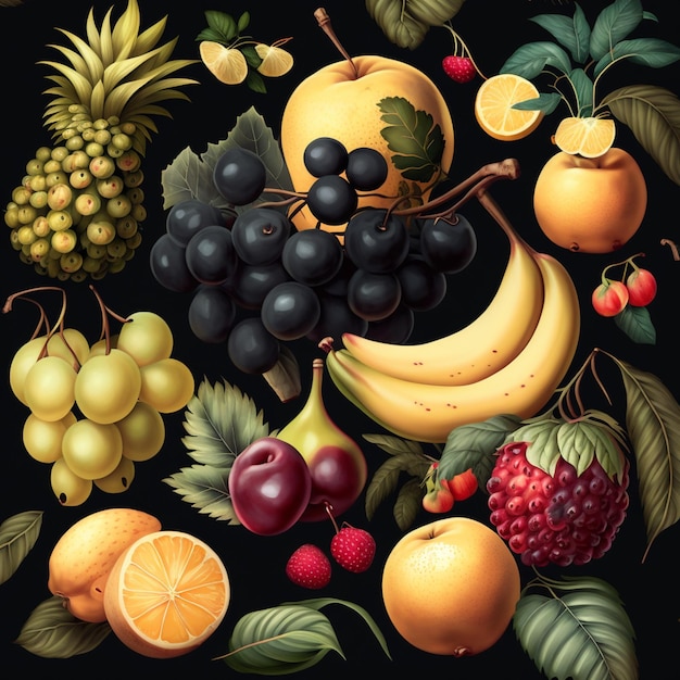 A painting of fruit including bananas, bananas, and other fruits.