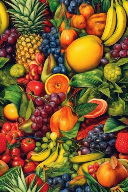 A painting of fruit including one of the other fruits.