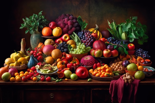 A painting of fruit on a table