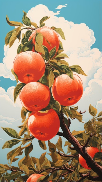 a painting of fruit on a tree with a blue sky in the background