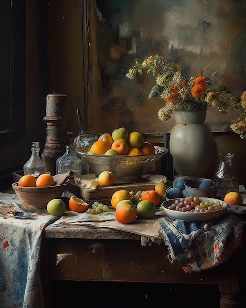 A painting of fruit and a vase of flowers