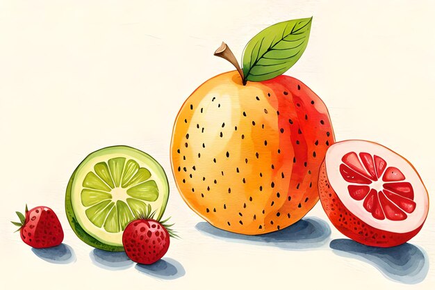 Photo a painting of a fruit with a green leaf and a strawberry on the right.
