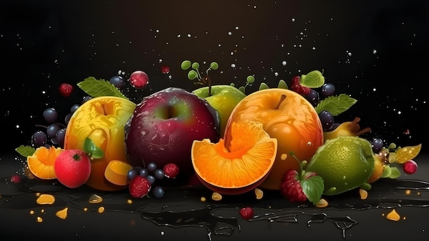 A painting of fruits and berries with a black background.