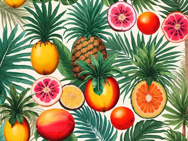 A Painting Of Fruits And Leaves On A White Background