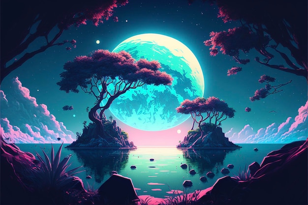 Painting of a full moon over a body of water generative ai