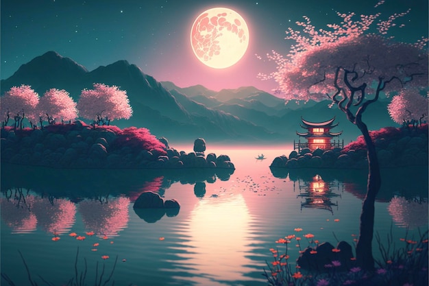 Premium AI Image | Painting of a full moon over a lake generative ai