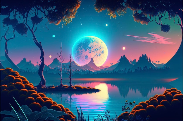 Painting of a full moon over a lake generative ai