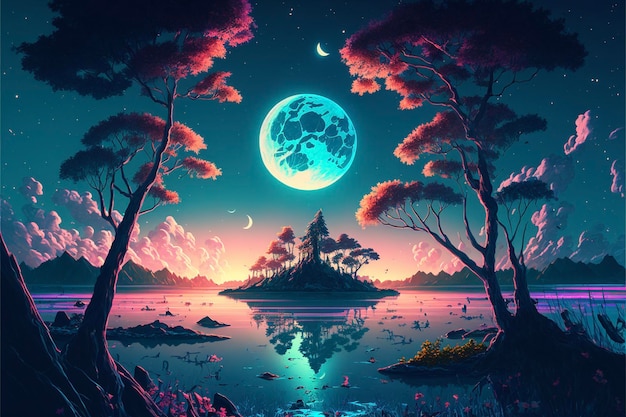 Painting of a full moon over a lake generative ai