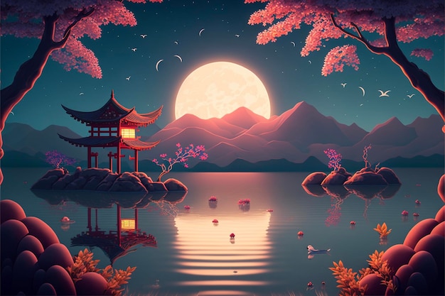 Painting of a full moon over a lake generative ai