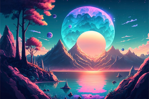 Картина полной луны над озером генеративный ай