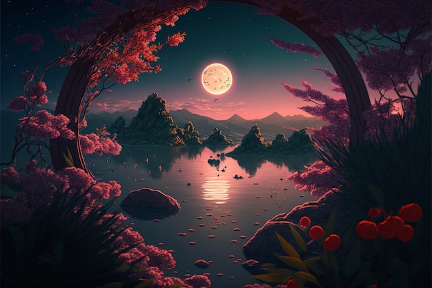 Painting of a full moon over a lake generative ai