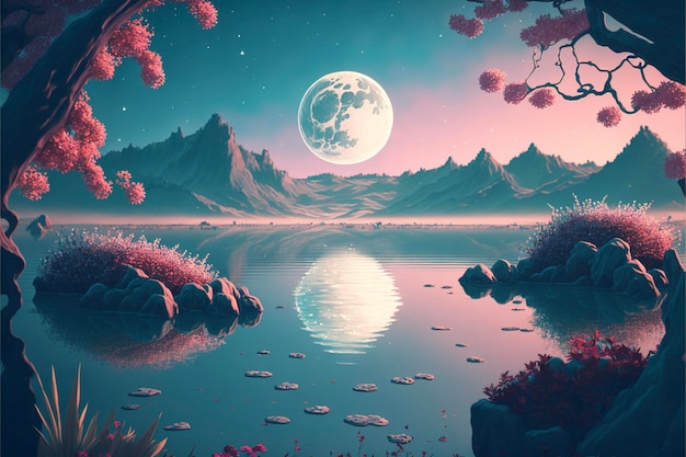 Painting of a full moon over a lake generative ai