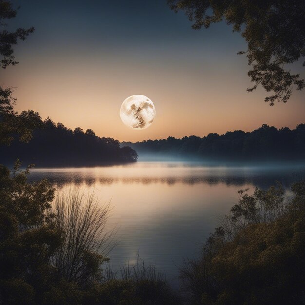 Foto dipinto di una luna piena su una carta da parati di un lago