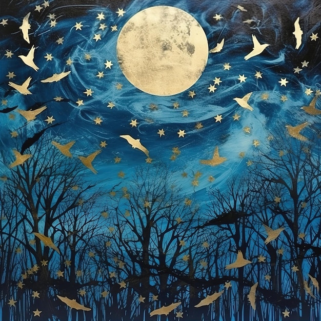 A painting of a full moon with bats flying in the sky.