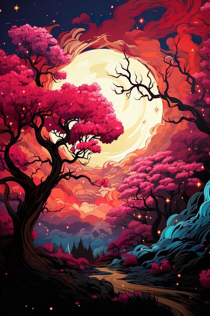 a painting of a full moon with a tree and the moon in the background