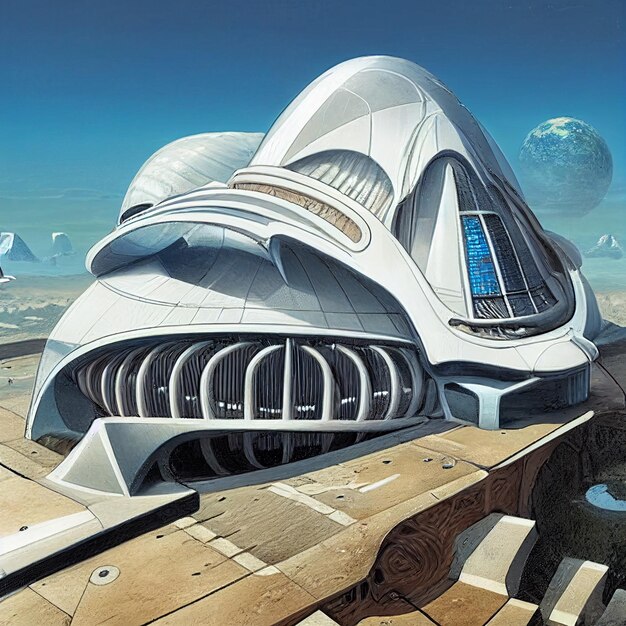 A painting of a futuristic building with a planet in the background.