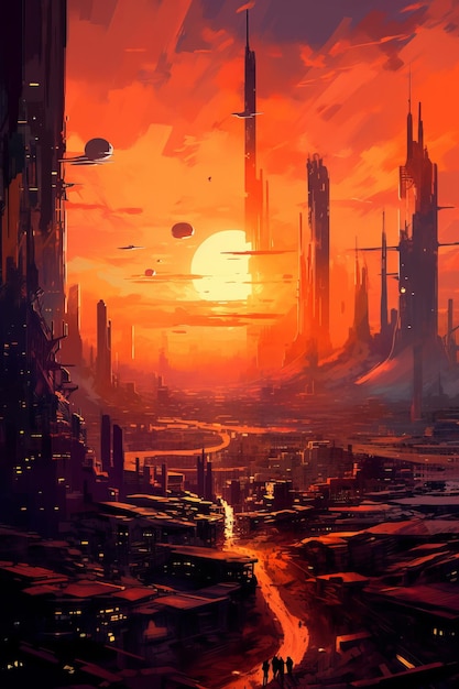 Painting of a futuristic city at sunset beautiful illustration picture generative ai