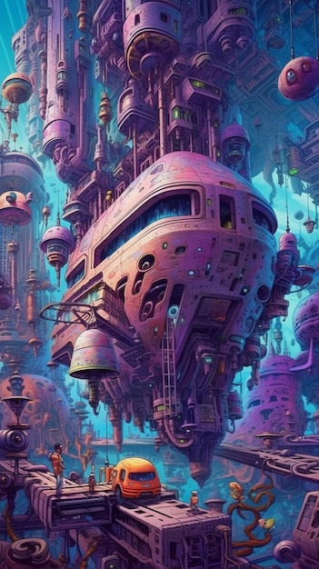 Картина футуристического города с гигантским зданием и автомобилем, генерирующим искусственный интеллект.