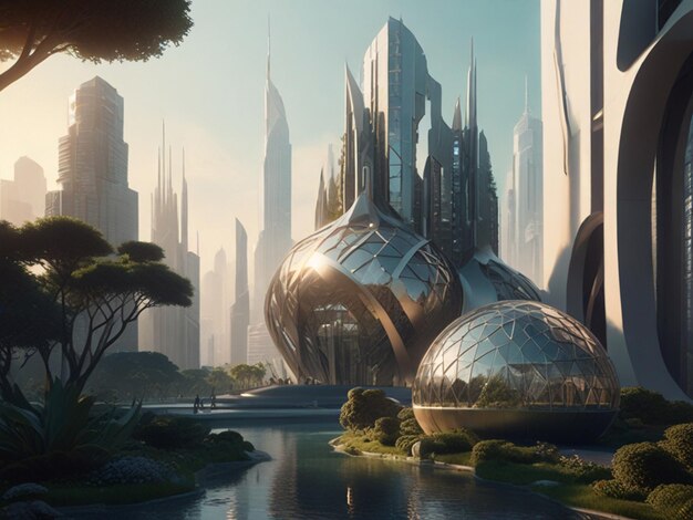 a painting of a futuristic city with a river and trees