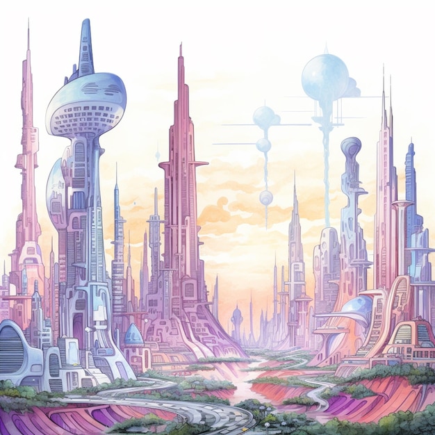 Photo painting of a futuristic city with a road running through it generative ai