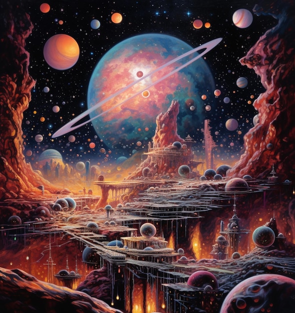 Картина футуристического пейзажа с планетами и рекой генеративной ai