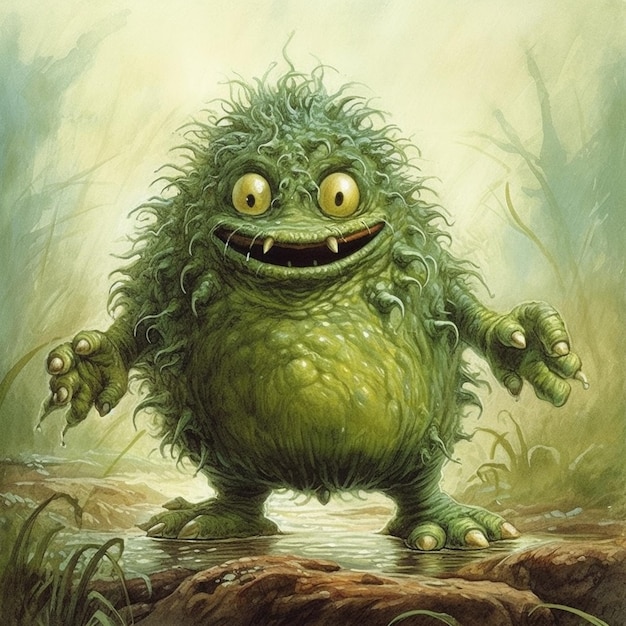 A painting of a fuzzy creature with a green face and a yellow nose.