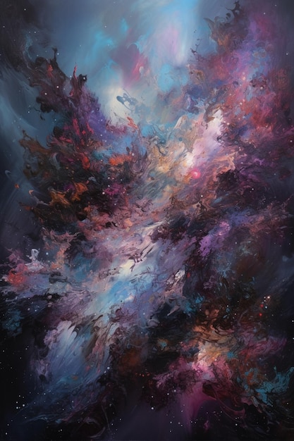 A painting of a galaxy with a blue background and purple and blue colors.