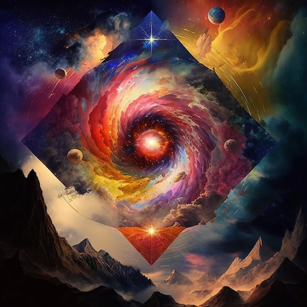 A painting of a galaxy with a spiral design in the center.