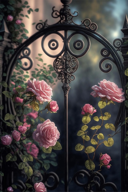 Painting of a garden gate with pink roses generative ai